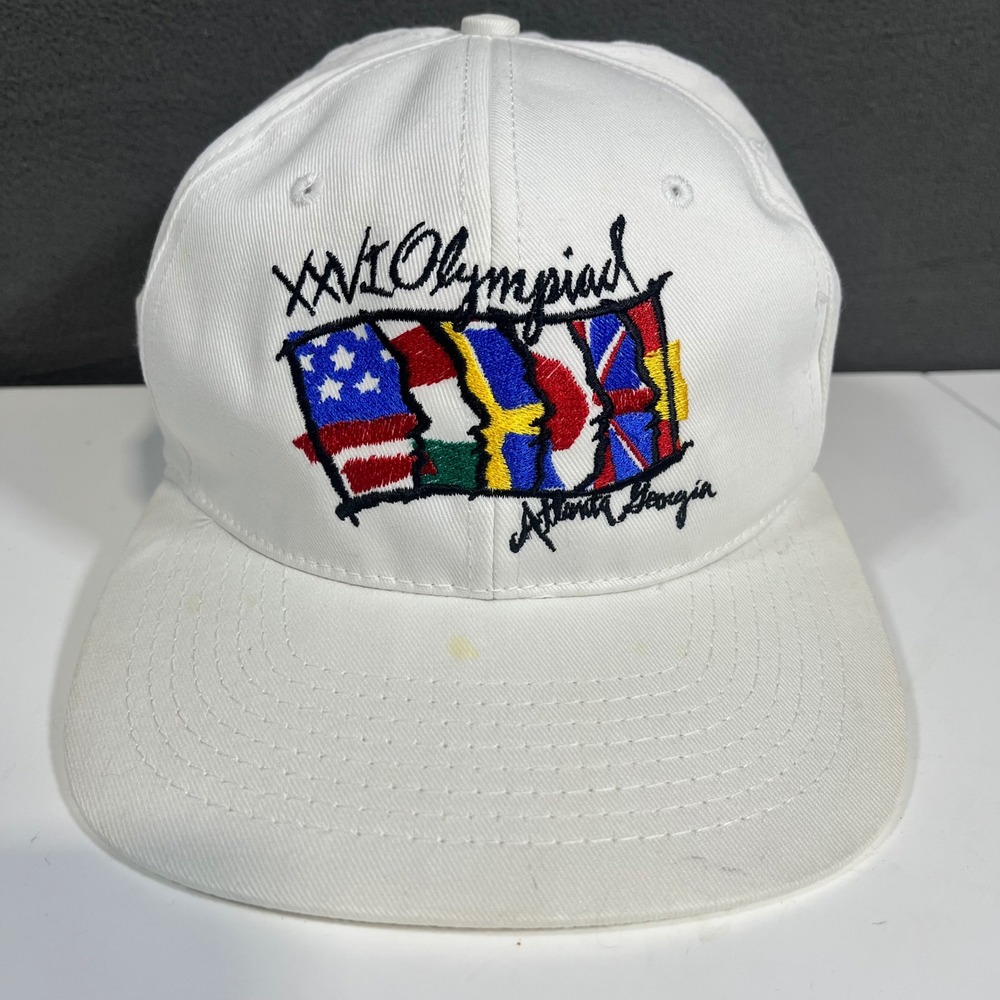 Vintage 1996 Atlanta Olympics Snapback Hat Hanes XXVI Olympiad White Flag Cap